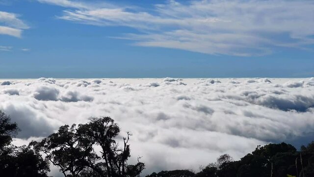 Time lapse of sea of fog or cloud movements in morning sky.A sea of fog is formed from stratus. Above the clouds over. Flat surface atKew Mae Pan Nature Trail,Inthanon mountain, Chiang mai, Thail
