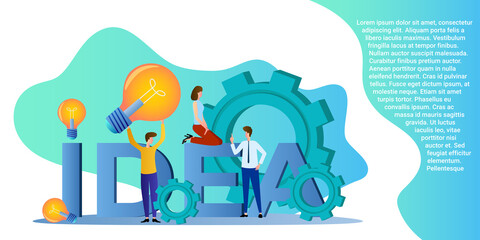 Naklejka premium Brainstorming.People with a light bulb in their hands invent new technologies.Poster in business style.Flat vector illustration.