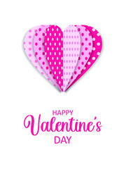 Postcard with one big heart made of polka dot halves and cut paper effect. Heart shaped love symbol for happy women. Valentine's Day greeting poster design. Vector