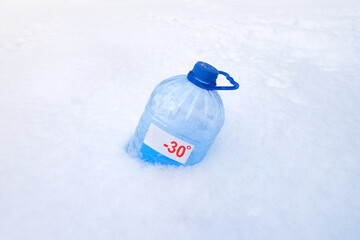 Empty plastic canister in the snow