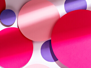 Minimal geometric shapes and lines background. Abstract bright cutout paper circles. Paper texture with light and shadows. Creative template with space for text.