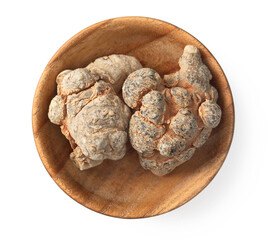 Dried notoginseng in the wooden bowl,  isolated on white background, top view
