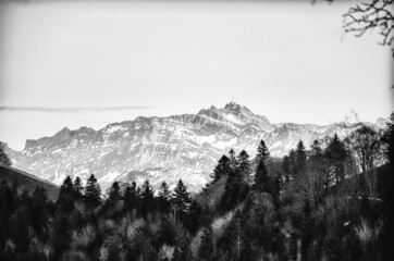 black and white image from sunset in the mountains. The Säntis mountain in the Appenzell Alps...