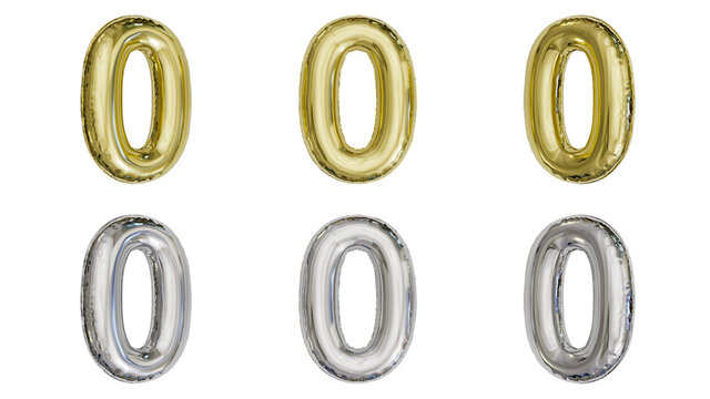 Aluminum Foil Inflated Balloon Alphabet Digit 0 Gold And Silver Different Angles