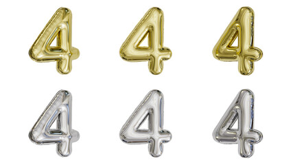 aluminum foil inflated balloon alphabet digit 4 gold and silver different angles