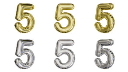 Obraz premium aluminum foil inflated balloon alphabet digit 5 gold and silver different angles