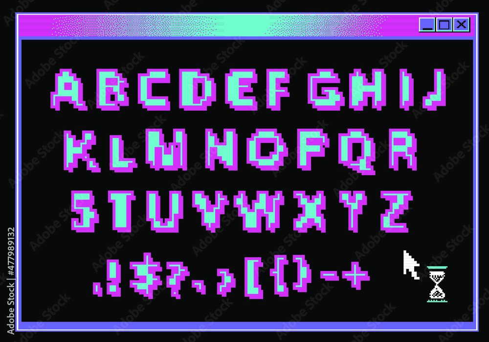 Aufkleber pixel alphabet letters and punctuation marks. retrofuturistic font or typeface for headline in style