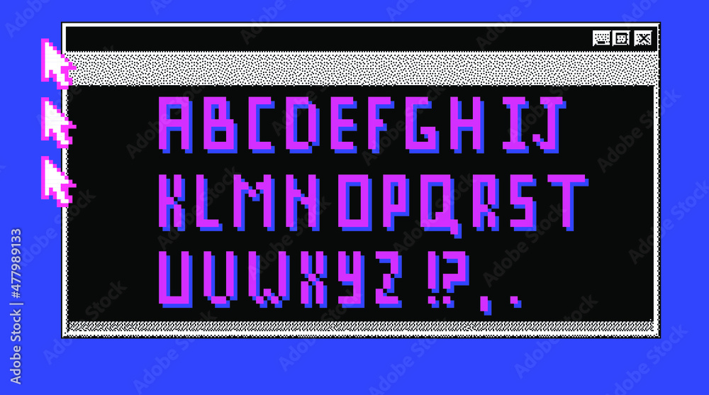 Poster Pixel alphabet letters and punctuation marks. Retrofuturistic font or typeface for headline in style of 80's retro video game, vintage computer typography.