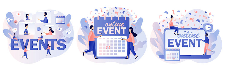 Online events, corporate party, meeting friends and colleagues. Video conference. Tiny people team celebration on video chat. Modern flat cartoon style. Vector illustration on white background