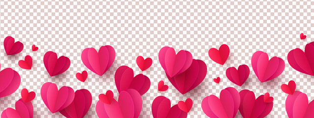 Romantic love background with long horizontal border made of beautiful falling pink and red colored paper hearts isolated on background. Happy Valentine's Day vector illustration - obrazy, fototapety, plakaty