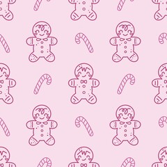 Seamless vector pattern with cute hand drawn gingerbread man and candy cane. Line objects. Christmas theme background for kids room decor, nursery art, packaging, wrapping paper, textile, wallpaper.