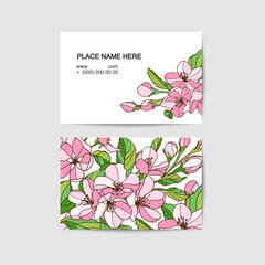 Visit card vector template with apple tree pink flowers