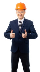 Portrait of a man in a blue business suit with a tie and helmet shows class. isolated. White background.