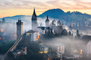 Lucerne Old town on a misty morning, Switzerland - 477990360