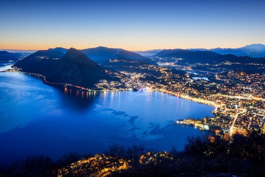 Lugano city on Lake Lugano, Switzerland