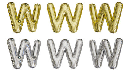 aluminum foil inflated balloon alphabet letter W gold and silver different angles