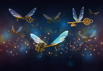 magical flying key meaning with dragonfly wings - obrazy, fototapety, plakaty