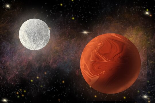 Mars with moons Phobos and Deimos, member of the solar system space illustration banner,