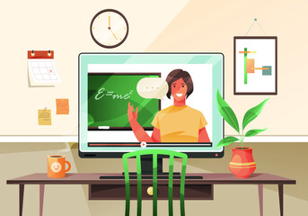 Vector illustration of a home desktop. Video tutorial, physics. Character design. online education.