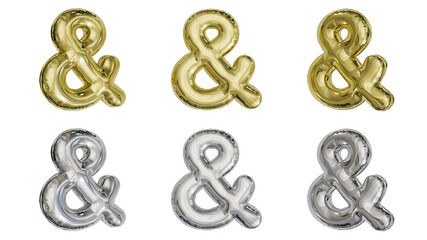 aluminum foil inflated balloon alphabet ampersand (at sign) gold and silver different angles - obrazy, fototapety, plakaty