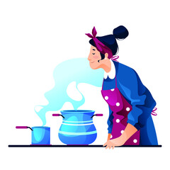 Young girl chef preparing dinner. The aroma of fresh food. Vector illustration, character design