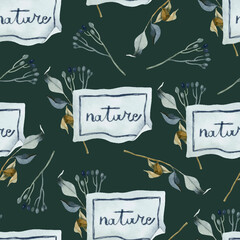Nature sticker, leaves and berries watercolor seamless pattern on dark background