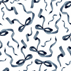 Dark blue ribbon bow watercolor seamless pattern
