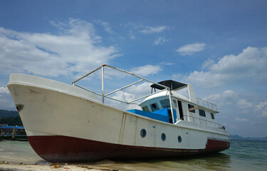 Naklejka premium A white ship is being repaired on the shore with small ships sailing in the background 