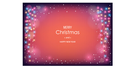 Merry Christmas and Happy New Year background. Festive vector illustration with white text, snowflakes and colorful glowing garland on a warm orange background. Decorative greeting banner.