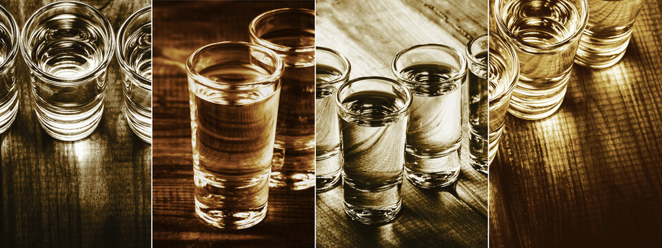 Vodka shots on wooden bar. Rustic retro weekend party background. Alcohol in glass vertical backdrop. Set of four photos. Clear, transparent vodka glass.