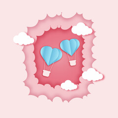 paper cut heart balloons flying above the clouds