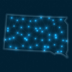 South Dakota network map. Abstract geometric map of the US state. Digital connections and telecommunication design. Glowing internet network. Trendy vector illustration.