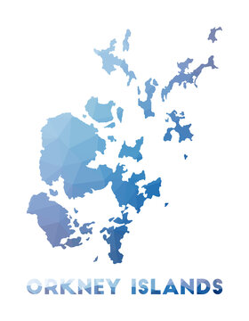 Low poly map of Orkney Islands. Geometric illustration of the island. Orkney Islands polygonal map. Technology, internet, network concept. Vector illustration.