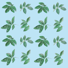 Seamless background. Branches of trees with green leaves on a blue background. Watercolor illustration. Four repeating elements 