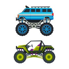 Monster Truck with Four-wheel Steering and Oversized Tires for Competition and Entertainment Vector Set