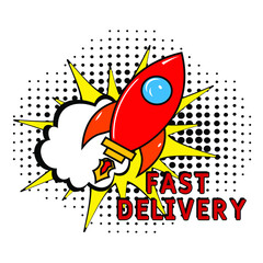 Comic book explosion with text Fast Delivery, vector illustration. Fast Delivery in comic pop art style. Comic advertising concept with Fast Delivery wording. Modern Web Banner Element