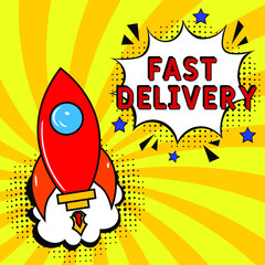 Comic book explosion with text Fast Delivery, vector illustration. Fast Delivery in comic pop art style. Comic advertising concept with Fast Delivery wording. Modern Web Banner Element