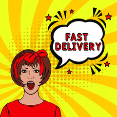 Comic book explosion with text Fast Delivery, vector illustration. Fast Delivery in comic pop art style. Comic advertising concept with Fast Delivery wording. Modern Web Banner Element