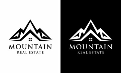 House in the mountain area. Vector logo template. Vector Illustration : Home Mountain Logo Concept on a black and white background.