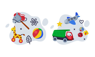 Kids Toy with Ball, Plane and Truck Vector Composition Set