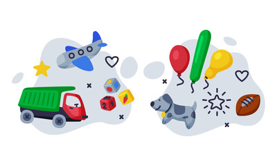 Fototapeta premium Kids Toy with Balloons, Truck and Plane Vector Composition Set