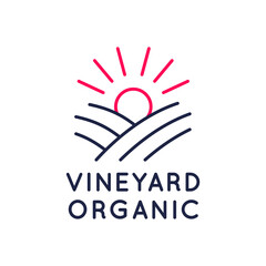 Vineyard logo, icon. Sunset in vineyard designed for vineyards, wineries, wine shops and stores. Vector illustration