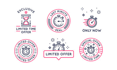 Limited Offer logos, stickers, buttons design. Last minute offer stickers template for social media. Trendy modern design with stopwatch or clock icon. Labels for sale, shopping. Vector illustration  - obrazy, fototapety, plakaty
