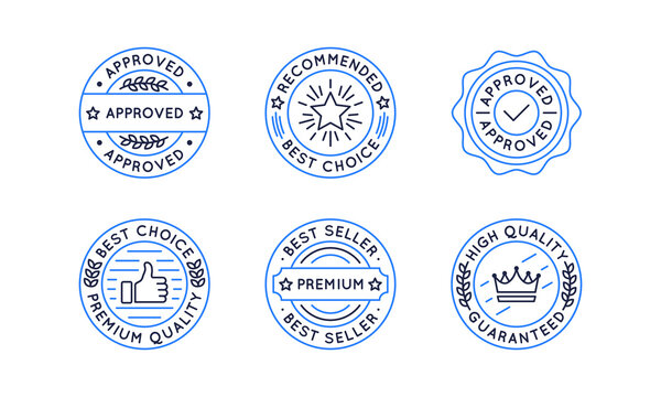 Approved, Recommended, Best choice, best seller icons set. 6 labels, stickers with checkmark and thump up. Sale icons for social media, web shop. Vector illustration