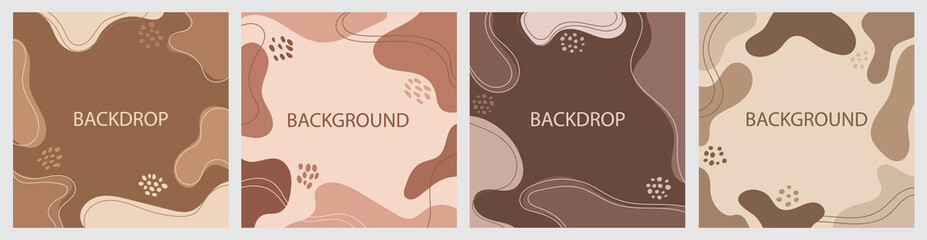 Set of 4 creative minimalist in hand-draw style illustrations for wall decoration, postcard or brochure design. Backdrop for advertising in social networks. Coffee colors. Colorful geometric backdrop