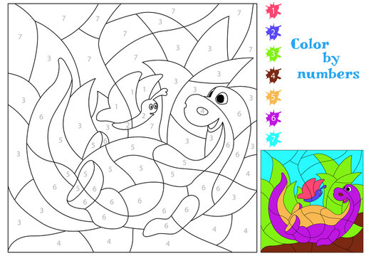 The dinosaur plays with a butterfly. We paint by numbers. Coloring book. An educational puzzle game for children.