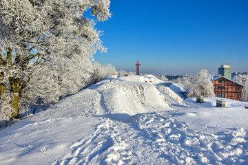 Cross on Mount Gradowa in Gdańsk. Beautiful winter landscape in Poland