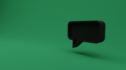 3d rendering of one matte black speech bubble in the centered right image area in front of a matte green background lighted from above