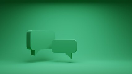3d rendering of two matte green speech bubbles in the lower left image area in front of a matte green background lighted from above