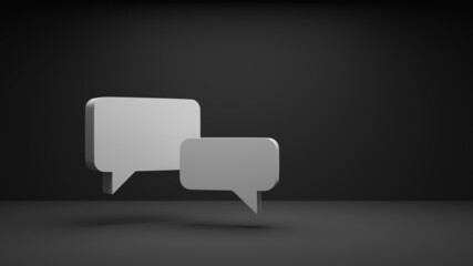 3d rendering of two matte white speech bubbles in the lower left image area in front of a matte black background lighted from above